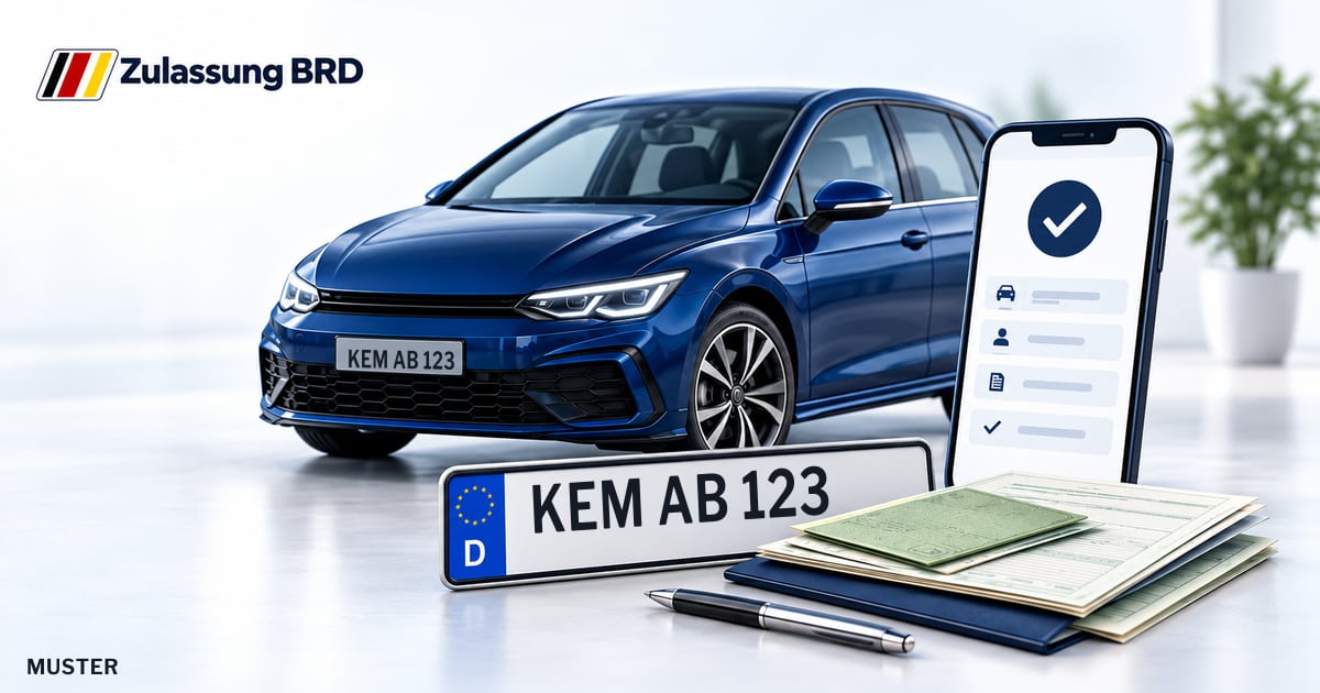 Online Fahrzeugzulassung in Kemnath: Musterkennzeichen KEM AB 123, Auto und Fahrzeugpapiere und Smartphone. Illustration mit Logo von Zulassung BRD.